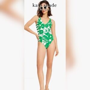 Kate Spade NWT Cabana Mix V Neck Green Floral One-Piece Swimsuit Size Medium